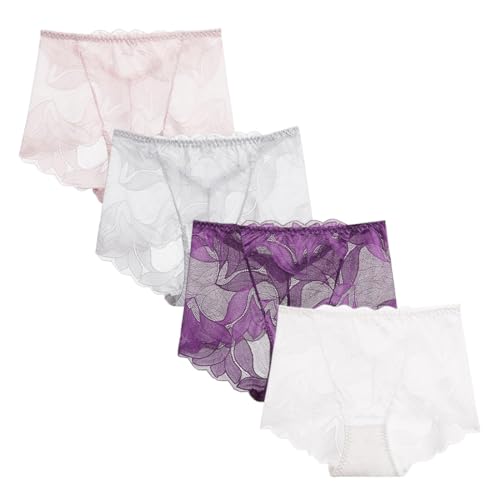 hnomrsk Damenunterwäsche aus Seidenspitze, sexy Spitzenhöschen mit Hohlstickerei, Satinslips mit Blumenmuster für Damen (XX-Large,4 Pcs D) von hnomrsk