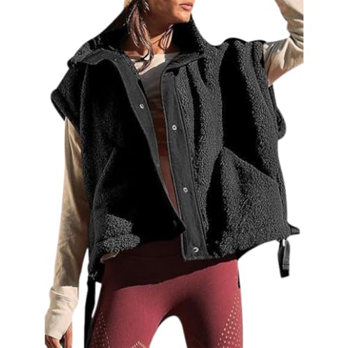 hnomrsk Flauschige Fleeceweste für Damen, übergroße ärmellose Sherpa-Weste, Button-Down-Weste mit Taschen (Medium,Black) von hnomrsk