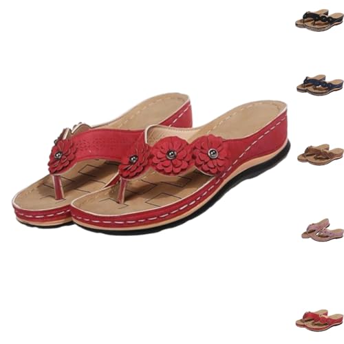 hnomrsk Gehsandalen, orthopädische Damen-Fußgewölbestütze mit Blumen-Spange, weiche, niedrige Plateau-Keilsandalen (42,Red) von hnomrsk