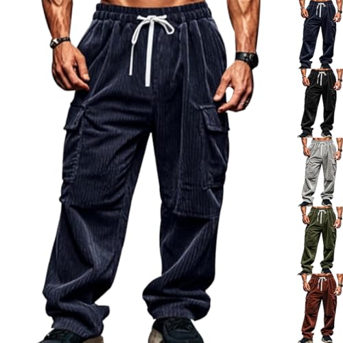 hnomrsk Herren-Cordhose, Kordelzug, elastische Taille, leger, konisch, modisch, Streetwear, Jogginghose mit Taschen (Marineblau, Größe XL) von hnomrsk