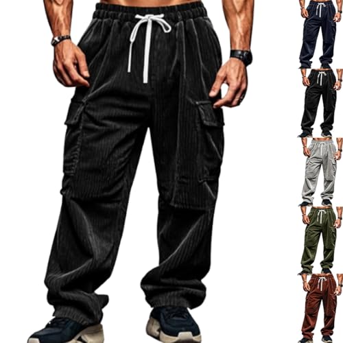 hnomrsk Herren-Cordhose, Kordelzug, elastische Taille, leger, konisch, modisch, Streetwear, Jogginghose mit Taschen (Schwarz, Größe 3XL) von hnomrsk