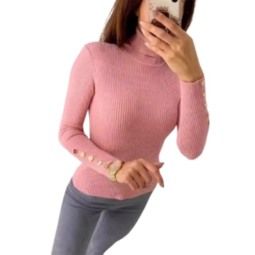 hnomrsk Langärmeliges Rollkragen-Shirt für Damen, langärmelig, gemütlich, leicht, Thermobluse, Pullover (Rosa, Größe S) von hnomrsk