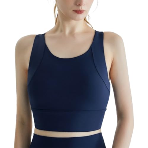 hnomrsk Longline Sport-BHs für Damen, eingenäht, gepolstert, hoher Hals, drahtlos, gepolstert, Yoga-BH, Fitnessstudio (Blau, Größe M) von hnomrsk