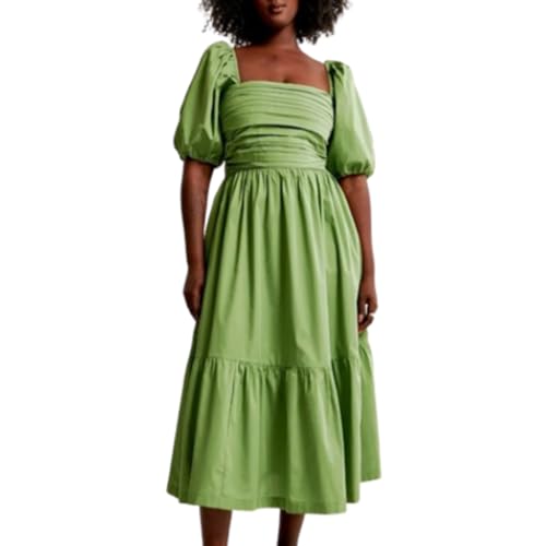 hnomrsk Midikleid aus Popeline mit Puffärmeln, lässiges, fließendes Maxikleid mit Blumentaschen (Large,Green) von hnomrsk