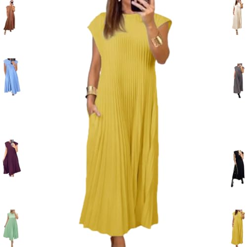 hnomrsk Plissiertes Maxikleid für den Sommer, einfaches, einfarbiges Plissiertes Kleid für den Sommer (3X-Large,Yellow) von hnomrsk