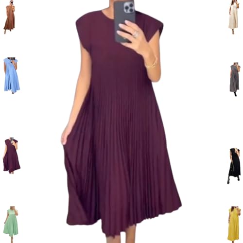 hnomrsk Plissiertes Maxikleid für den Sommer, einfaches, einfarbiges Plissiertes Kleid für den Sommer (X-Large,Wine Red) von hnomrsk