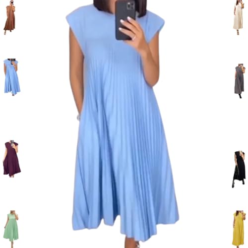 hnomrsk Plissiertes Maxikleid für den Sommer, einfaches, einfarbiges Plissiertes Kleid für den Sommer (X-Small,Blue) von hnomrsk