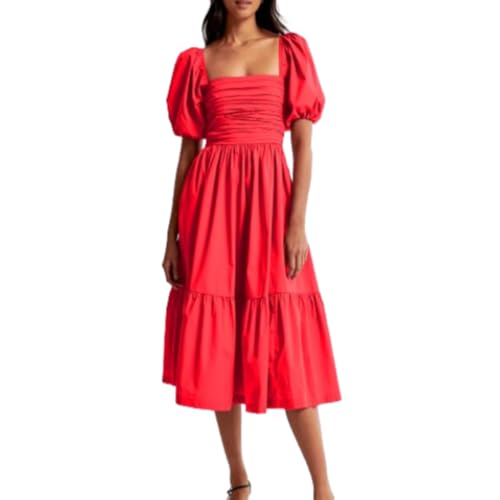 hnomrsk Popeline-Midikleid mit Puffärmeln, für Damen, Sommer, lässig, fließend, Strand, Blumentaschen, Rüschen, Maxikleid (Rot, Größe XXS) von hnomrsk