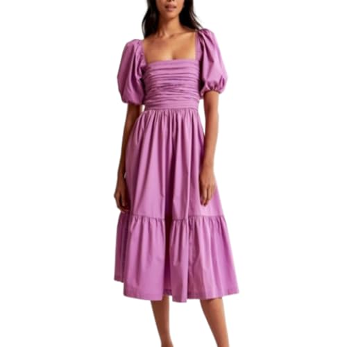 hnomrsk Popeline-Midikleid mit Puffärmeln, für Damen, Sommer, lässig, fließend, Strand, Blumentaschen, Rüschen, Maxikleid (lila, M) von hnomrsk