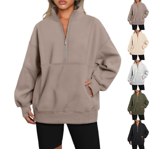 hnomrsk Übergroße Sweatshirts mit halbem Reißverschluss für Damen, Fleece-Kapuzenpullover mit Langen Ärmeln (Large,Camel) von hnomrsk