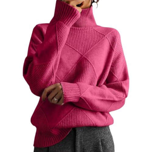 hnomrsk Übergroßer Rollkragenpullover für Damen im Herbst, Zopfmuster, langärmlig, grob gestrickter Winterpullover (X-Large,Rose red) von hnomrsk