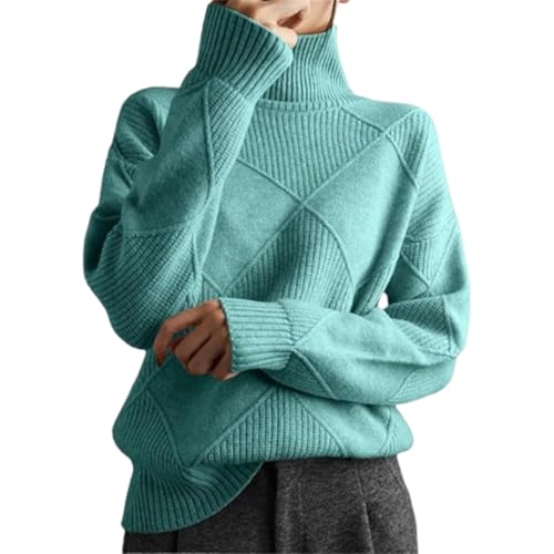 hnomrsk Übergroßer Rollkragenpullover für Damen im Herbst, Zopfmuster, langärmlig, grob gestrickter Winterpullover (XX-Large,Green) von hnomrsk