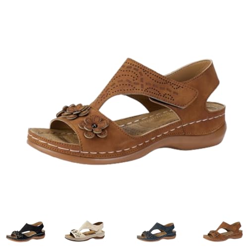 hnomrsk Verstellbare orthopädische Ledersandalen, lässige Retro-Keilsandalen für Damen mit Blumenmuster (37,Brown) von hnomrsk