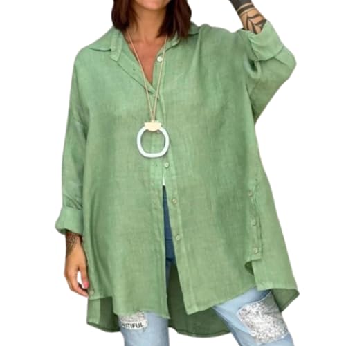 hnomrsk einfarbiges, langärmliges Button-Down-Hemd für Damen, übergroßes Button-Down-Hemd aus Baumwolle und Leinen (X-Large,Green) von hnomrsk