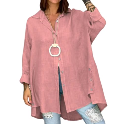 hnomrsk einfarbiges, langärmliges Button-Down-Hemd für Damen, übergroßes Button-Down-Hemd aus Baumwolle und Leinen (XX-Large,Pink) von hnomrsk