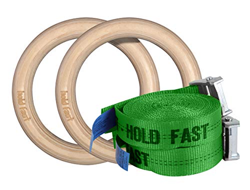 Hold Fast Gym Rings Holz inkl. Verstellbarer Gurte, Turnringe für Crossfit, Fitness, Turnen, Training (Grün, 33mm Ringe, 5m Gurte) von Hold Fast