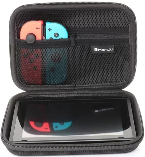 Nintendo switch / Nintendo switch OLED Tasche von Honju - Schwarze, Tragbare und Harte Tragetasche mit Reißverschluss für die Nintendo Switch mit Innenfach für JoyCons oder Ladekabel von honju
