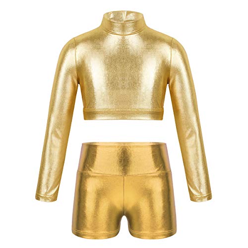 iEFiEL 2-teilig Mädchen Kleidung Set Metallic Crop Top Langarm Shirt mit High-Waist Shorts Fitness Trainingsanzug Gym Yoga Tanzen Kostüm Gold 158-164 von iEFiEL