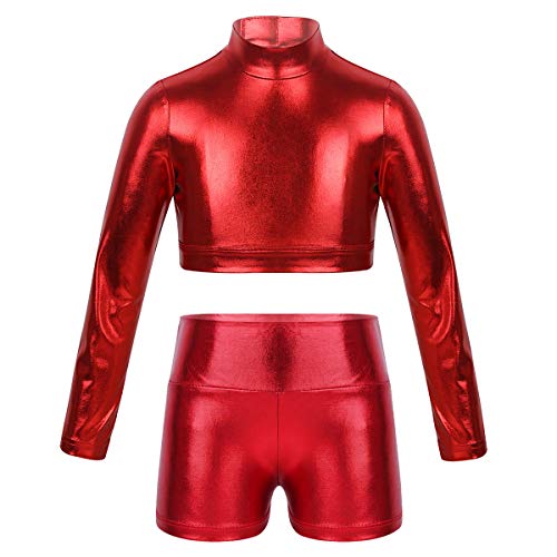 iEFiEL 2-teilig Mädchen Kleidung Set Metallic Crop Top Langarm Shirt mit High-Waist Shorts Fitness Trainingsanzug Gym Yoga Tanzen Kostüm Rot 158-164 von iEFiEL