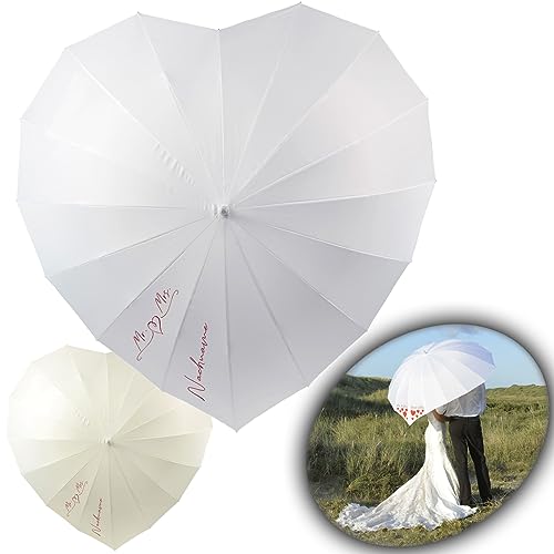 iX-brella Hochzeitsschirm Brautschirm Wedding Heart - personalisiert mit Name - filigranes Herz quer - weiß oder Creme von iX-brella