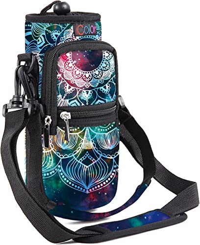 icolor Trinkflaschenhalter Tragetasche für Wasserflasche mit Verstellbar Schultergurt Flaschenhalter mit Phone Taschen,Neopren Trinkflasche Beutel Flaschen Halter (Mandala, 25oz(About750ml)) von icolor