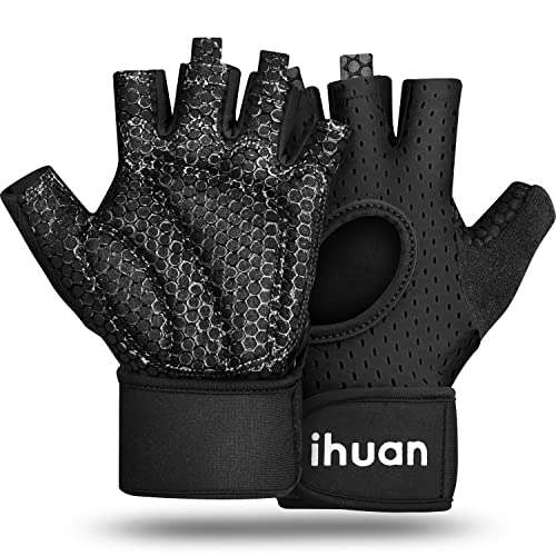 ihuan Atmungsaktive Gewichtheber-Handschuhe: Fingerlose Workout-Handschuhe mit Handgelenkstütze, verbessert die Handflächenschutz, extra Griffigkeit für Fitness, Heben, Training von ihuan