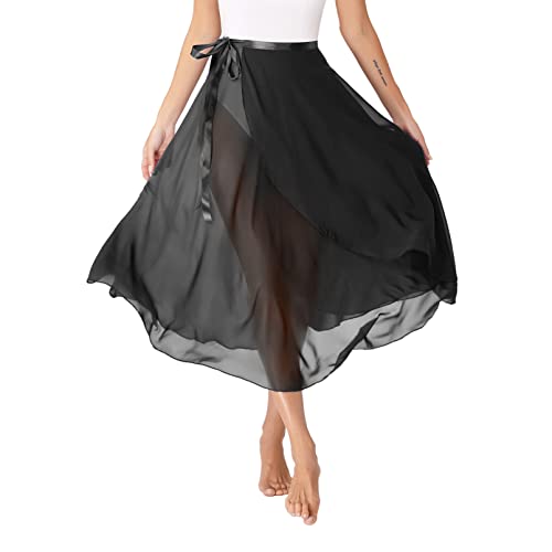 inhzoy Damen Ballettrock Lang Ballett Tanz Wickelrock Sheer Chiffon Tanzröcke Verstellbare Taille lyrische Tanzkleidung Leistung Dancewear A_Schwarz Einheitsgröße von inhzoy