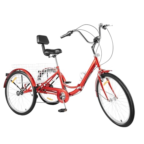 24 Zoll Dreirad 3 Räder Fahrrad Dreirad für Erwachsene 7 Gange Klapprad Fahrrad mit Korb, Becherhalter und LED Licht, Dreirad aus Kohlenstoffstahl Comfort Fahrrad für Outdoor Sports Shopping, Rot von innytund