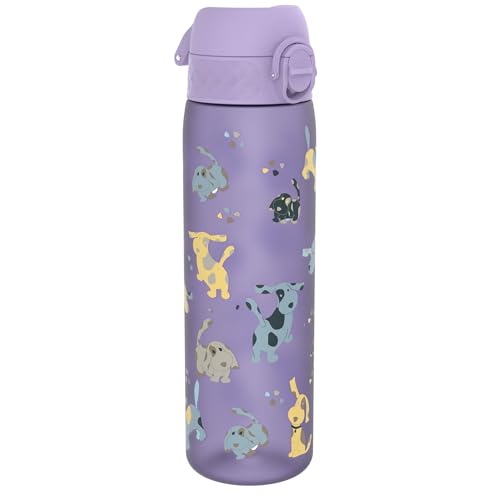 Ion8 Trinkflasche, 500 ml, Auslaufsicher, Einhandöffnung, Sichere Verriegelung, Spülmaschinenfest, BPA-frei, Tragegriff, Klappdeckel, Leicht zu Reinigen, Klimaneutral, Welpe-Design von ion8