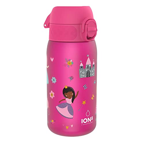 ION8 Kinder Trinkflasche, 350ml, Auslaufsicher, Einhandöffnung, Sichere Verriegelung, Spülmaschinenfest, BPA-frei, Tragegriff, Klappdeckel, Leicht zu Reinigen, Klimaneutral, Prinzessin-Design von ion8