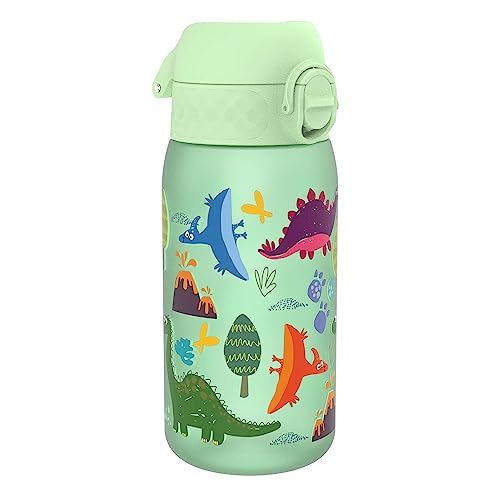 Ion8 Kinder Trinkflasche, Auslaufsicher, Einhandöffnung, Sichere Verriegelung, Spülmaschinenfest, Tragegriff, Klappdeckel, Leicht zu Reinigen, Dinosaurier-Design von ion8