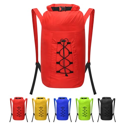 Wasserfester Rucksack 20L Dry Bag Wasserdichter Beutel Packsack mit Verstellbarer Schultergurt, mit Rollverschluss Robust Wasserdichte Tasche, für Schwimmen, Bootfahren, Rafting, Camping (Rot) von ioutdoor