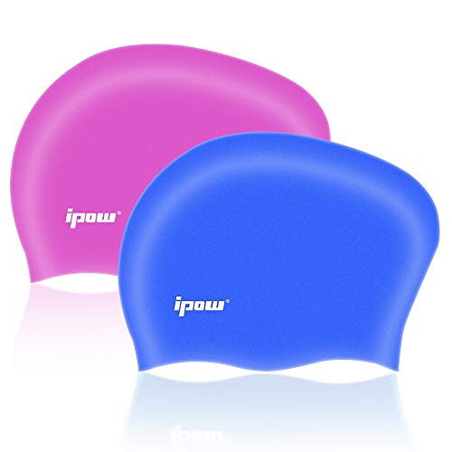 Ipow 2-Stück Badekappe Bademütze Hochwertige Silikon Badehaube für Lange Haare gesund und warm Swim Cap Purple + Blau von ipow