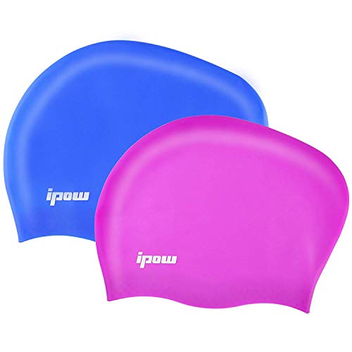 Ipow 2-Stück Hochwertige Silikon Badekappe Bademütze Badehaube für lange Haare gesund und warm Swim Cap (Pink + Blau) von ipow