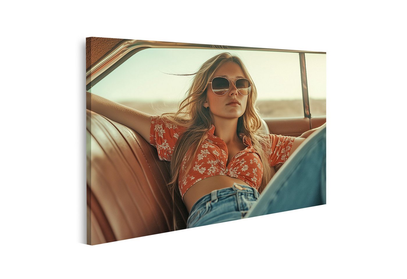 islandburner Leinwandbild, Frau im Auto mit Sonnenbrille und rotem Hemd islandburner Leinwandbild, Frau im Auto mit Sonnenbrille und rotem Hemd von islandburner