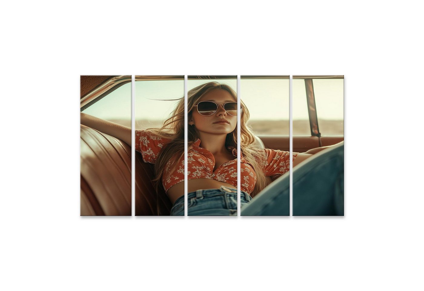islandburner Leinwandbild, Frau im Auto mit Sonnenbrille und rotem Hemd islandburner Leinwandbild, Frau im Auto mit Sonnenbrille und rotem Hemd von islandburner