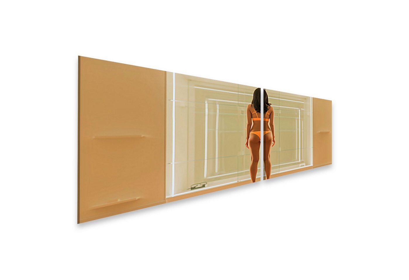 islandburner Leinwandbild, Frau in orangefarbenem Badeanzug vor Glaswand islandburner Leinwandbild, Frau in orangefarbenem Badeanzug vor Glaswand von islandburner