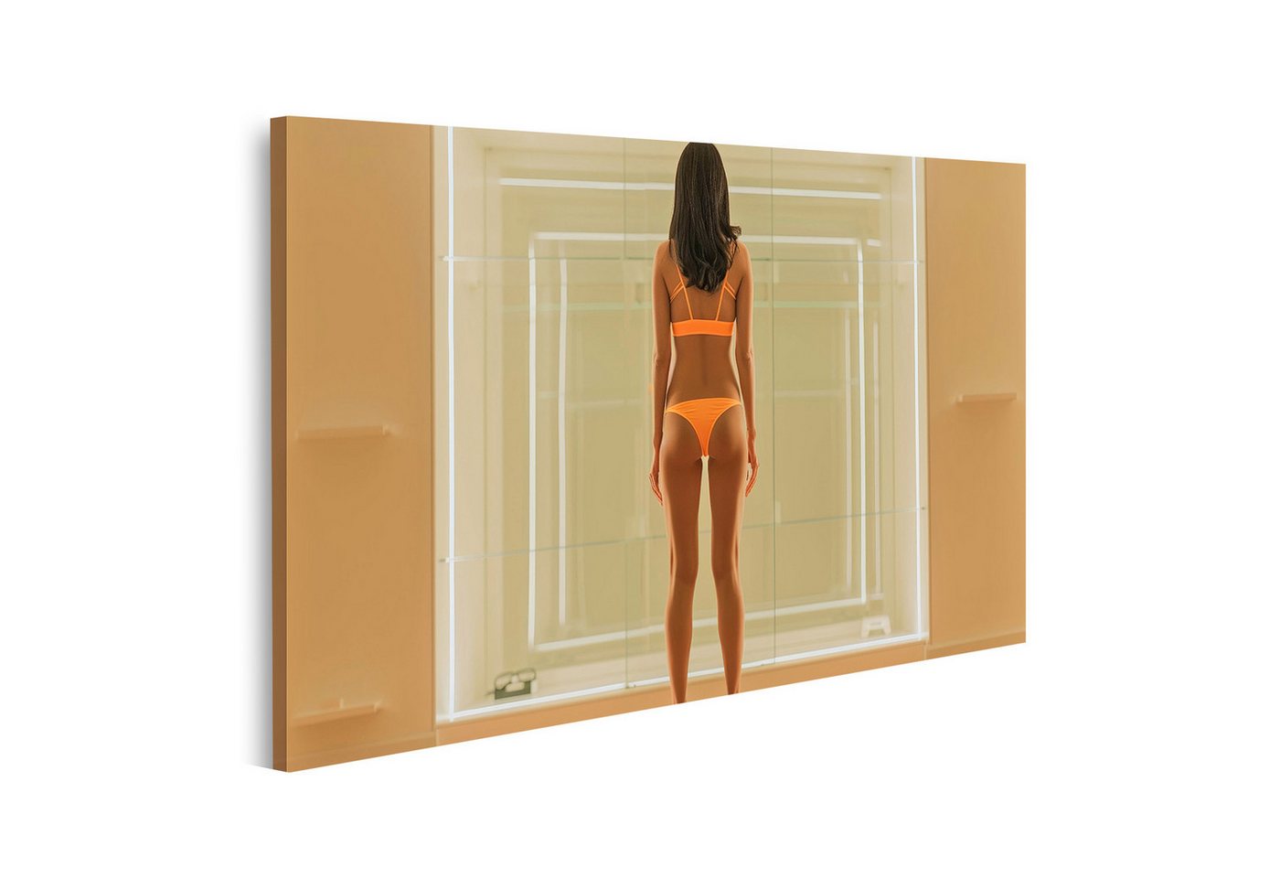 islandburner Leinwandbild, Frau in orangefarbenem Badeanzug vor Glaswand islandburner Leinwandbild, Frau in orangefarbenem Badeanzug vor Glaswand von islandburner