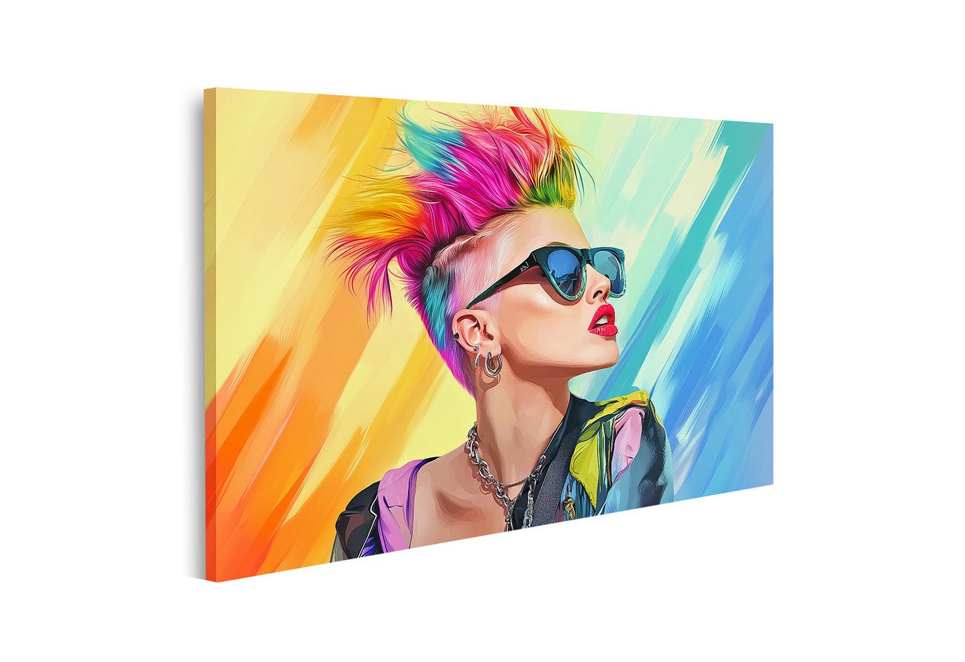 islandburner Leinwandbild, Frau mit buntem Irokesenschnitt und Sonnenbrille islandburner Leinwandbild, Frau mit buntem Irokesenschnitt und Sonnenbrille von islandburner