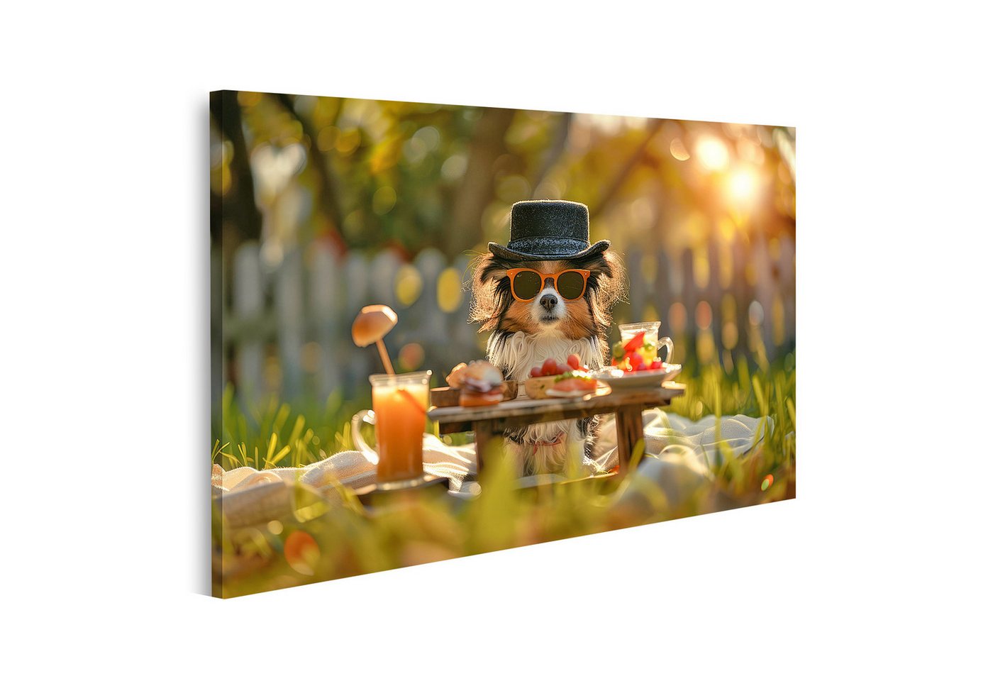 islandburner Leinwandbild, Hund mit Sonnenbrille und Hut beim Picknick islandburner Leinwandbild, Hund mit Sonnenbrille und Hut beim Picknick von islandburner