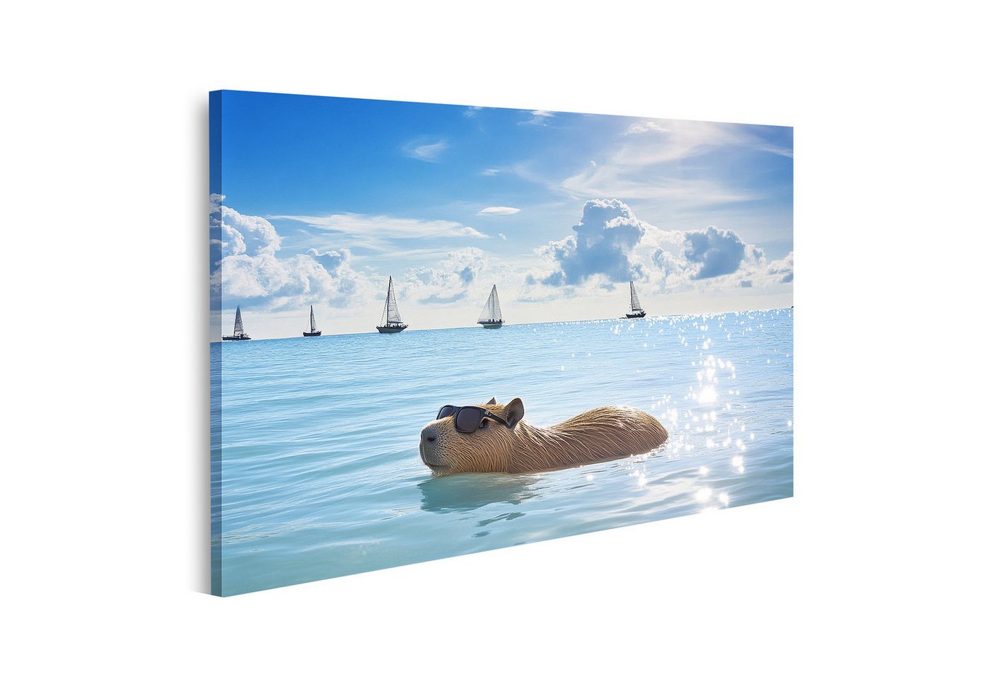islandburner Leinwandbild, Kapibara mit Sonnenbrille im Meer mit Segelbooten islandburner Leinwandbild, Kapibara mit Sonnenbrille im Meer mit Segelbooten von islandburner