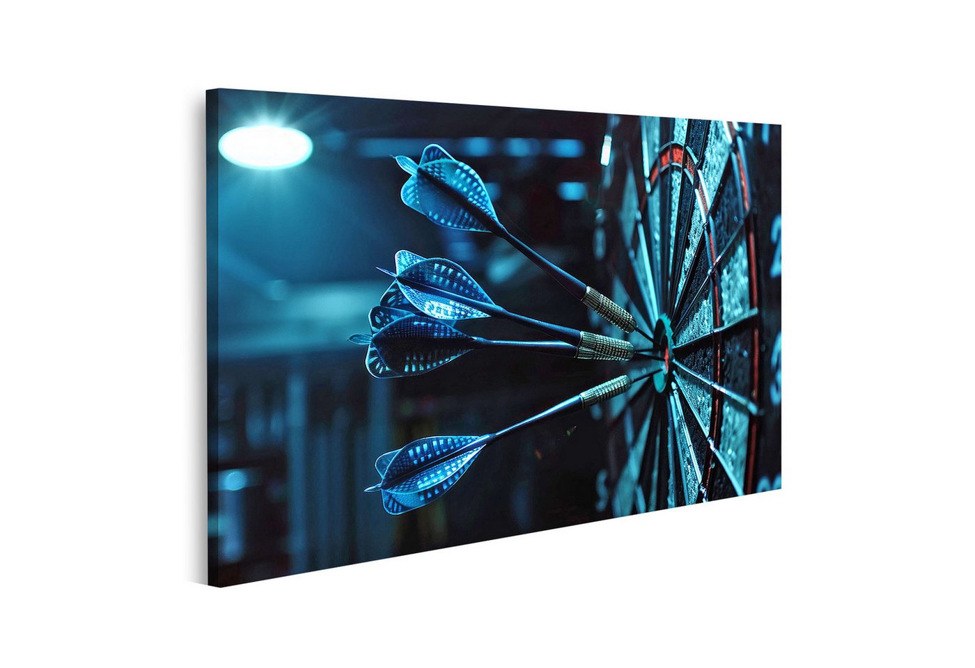 islandburner Leinwandbild, Neonblaue Dartpfeile auf Zielscheibe in dunklem Raum islandburner Leinwandbild, Neonblaue Dartpfeile auf Zielscheibe in dunklem Raum von islandburner