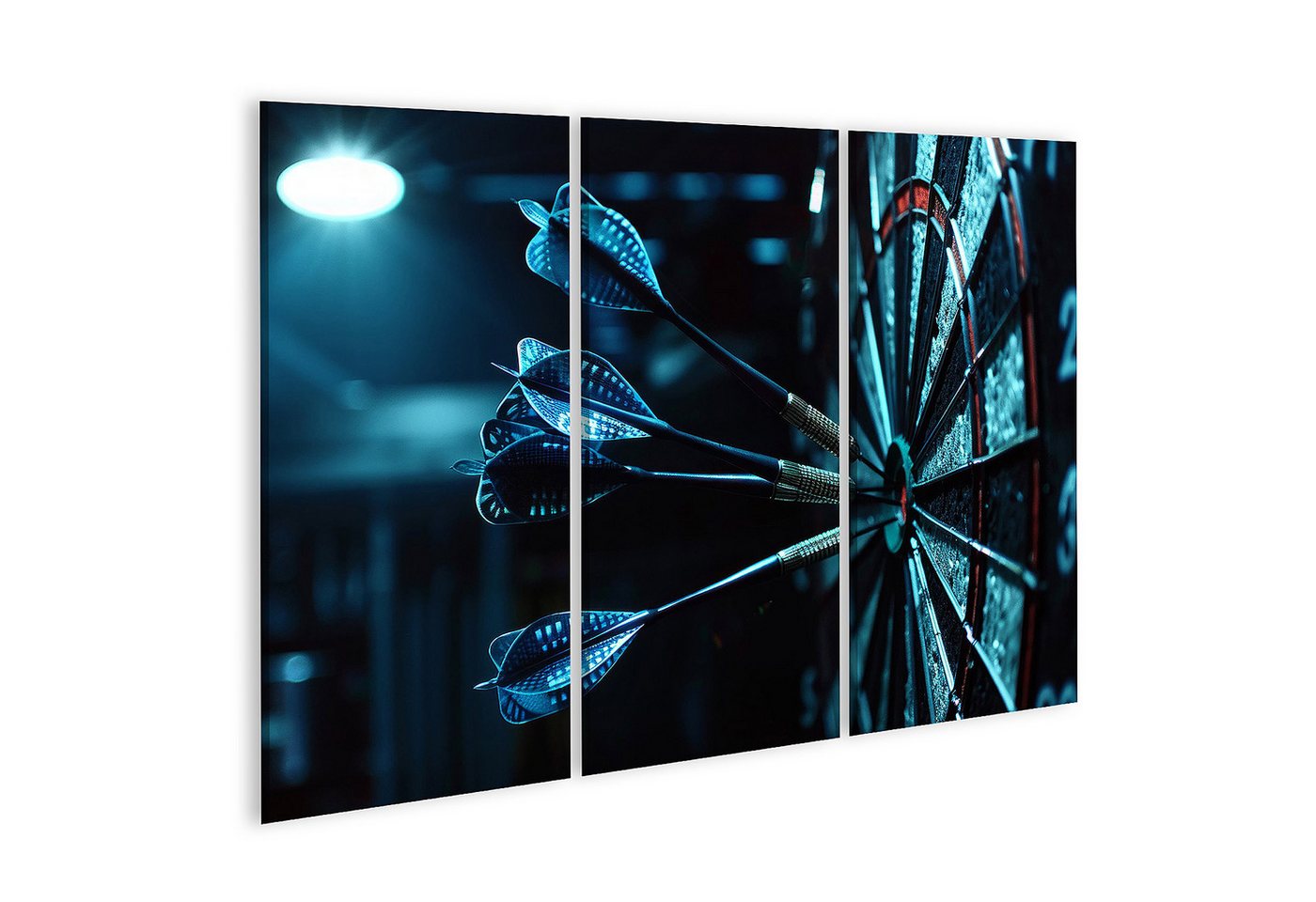 islandburner Leinwandbild, Neonblaue Dartpfeile auf Zielscheibe in dunklem Raum islandburner Leinwandbild, Neonblaue Dartpfeile auf Zielscheibe in dunklem Raum von islandburner