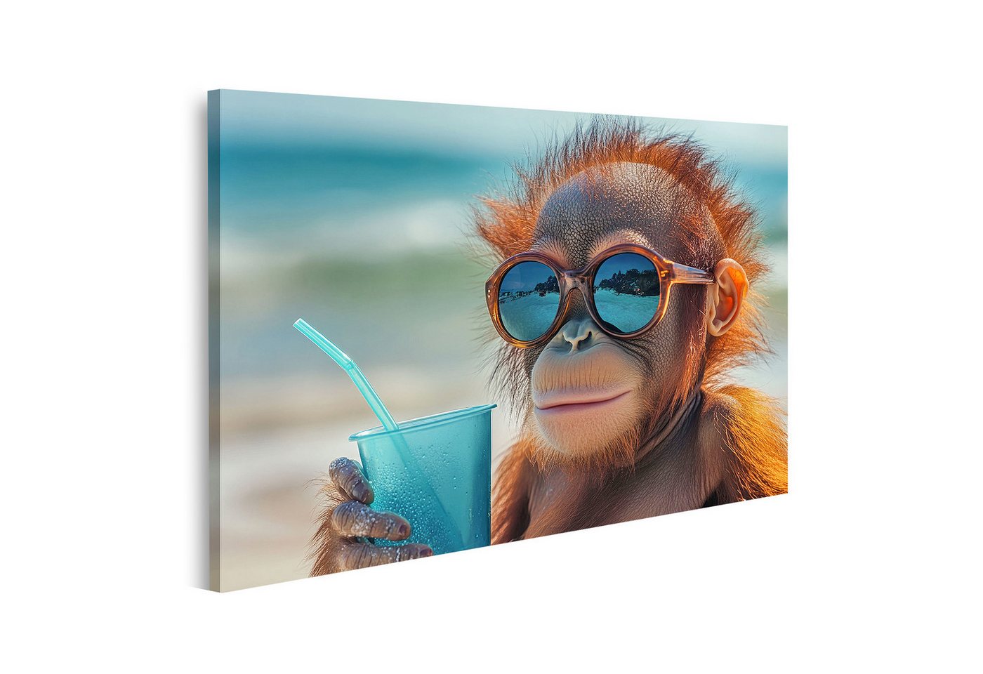 islandburner Leinwandbild, Orang Utan mit Sonnenbrille und Getränk am Strand islandburner Leinwandbild, Orang Utan mit Sonnenbrille und Getränk am Strand von islandburner
