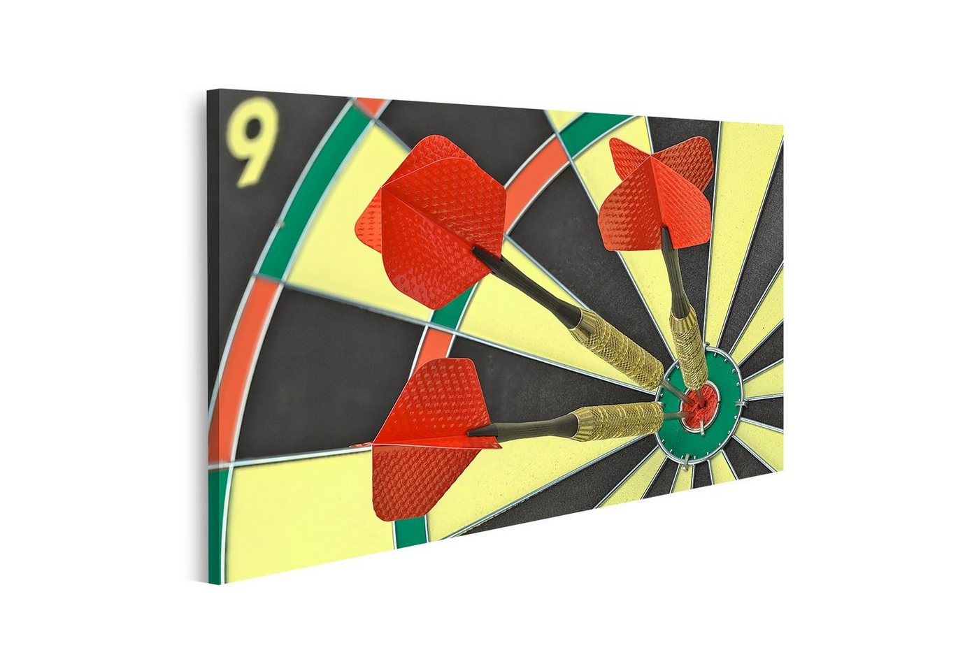 islandburner Leinwandbild Bild auf Leinwand Drei Darts Im Bulls Eye Auf Dartscheibe Wandbild Le von islandburner