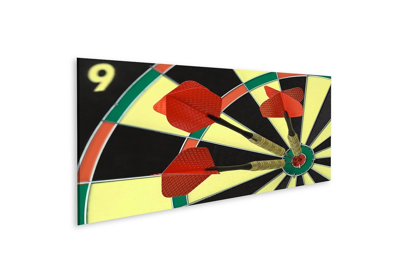 islandburner Leinwandbild Bild auf Leinwand Drei Darts im Bulls Eye auf einer Dartscheibe Wandbi von islandburner