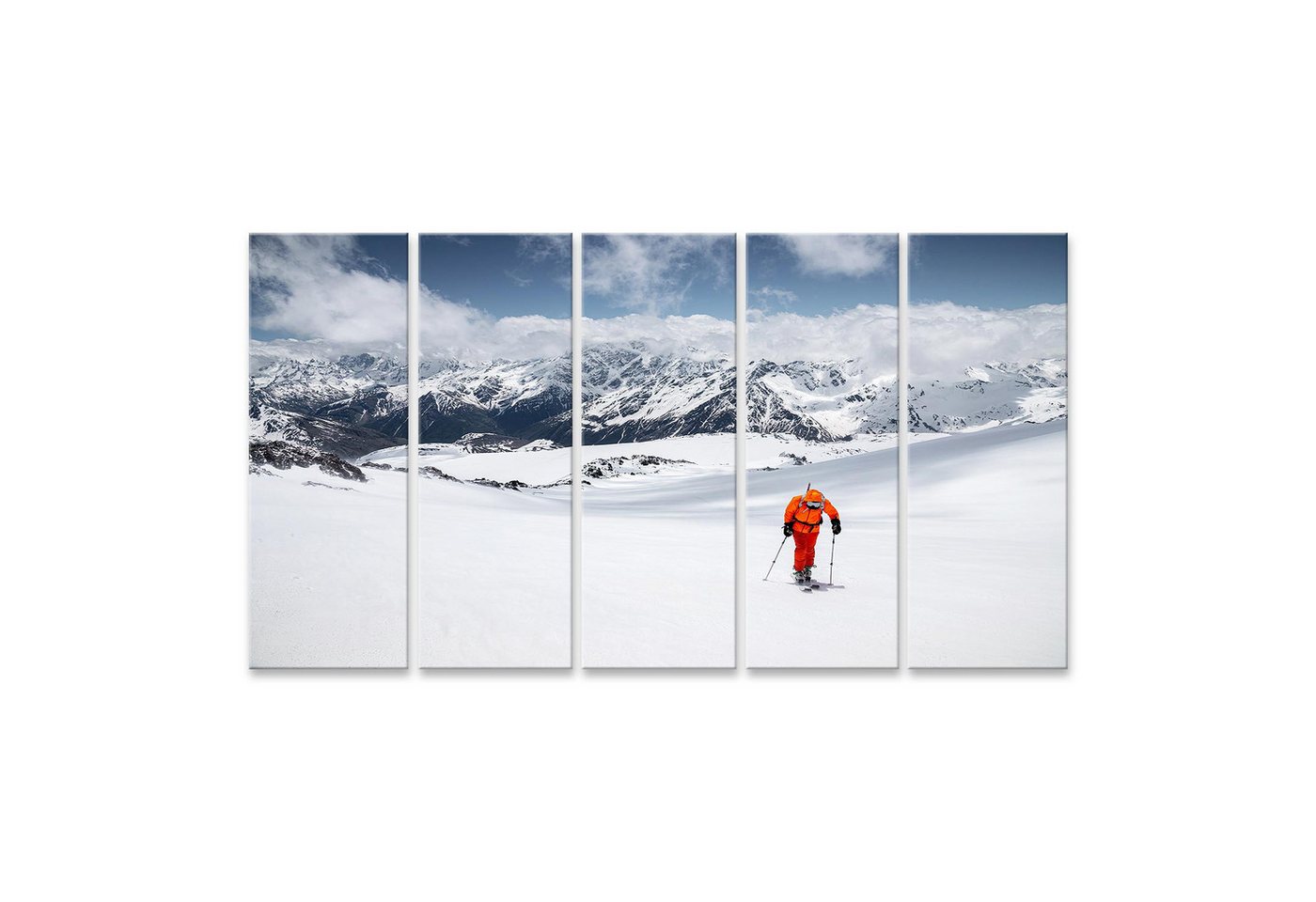 islandburner Leinwandbild Freerider im gelben Skianzug mit einem Rucksack auf den Schu Bilder islandburner Leinwandbild Freerider im gelben Skianzug mit einem Rucksack auf den Schu Bilder von islandburner
