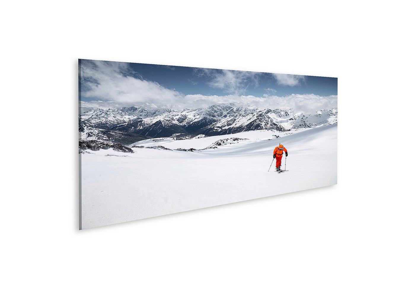 islandburner Leinwandbild Freerider im gelben Skianzug mit einem Rucksack auf den Schu Bilder islandburner Leinwandbild Freerider im gelben Skianzug mit einem Rucksack auf den Schu Bilder von islandburner