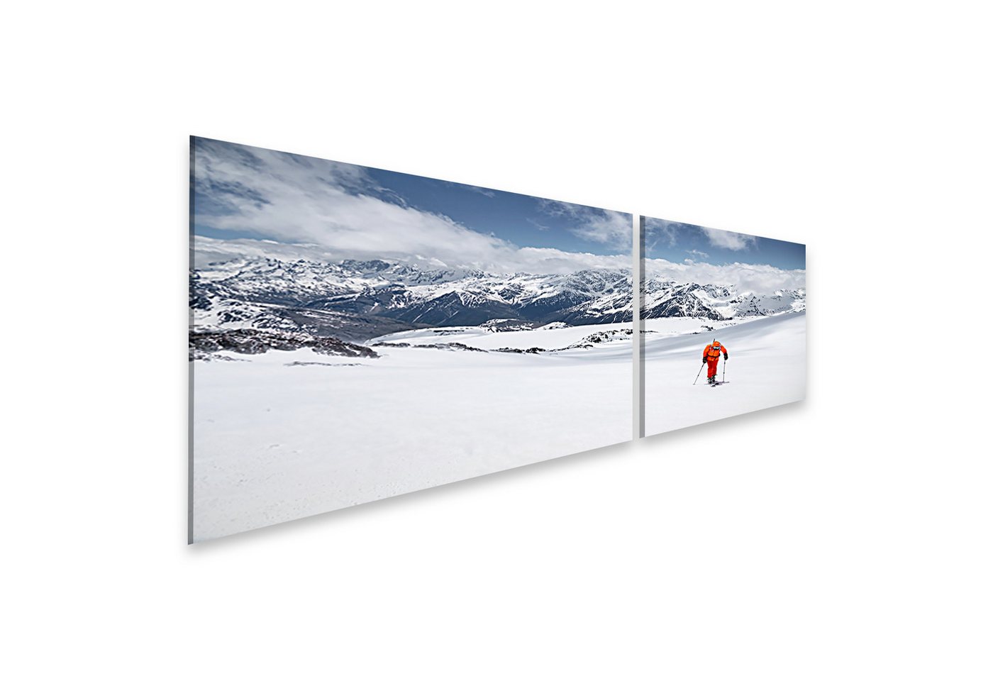 islandburner Leinwandbild Freerider im gelben Skianzug mit einem Rucksack auf den Schu Bilder islandburner Leinwandbild Freerider im gelben Skianzug mit einem Rucksack auf den Schu Bilder von islandburner