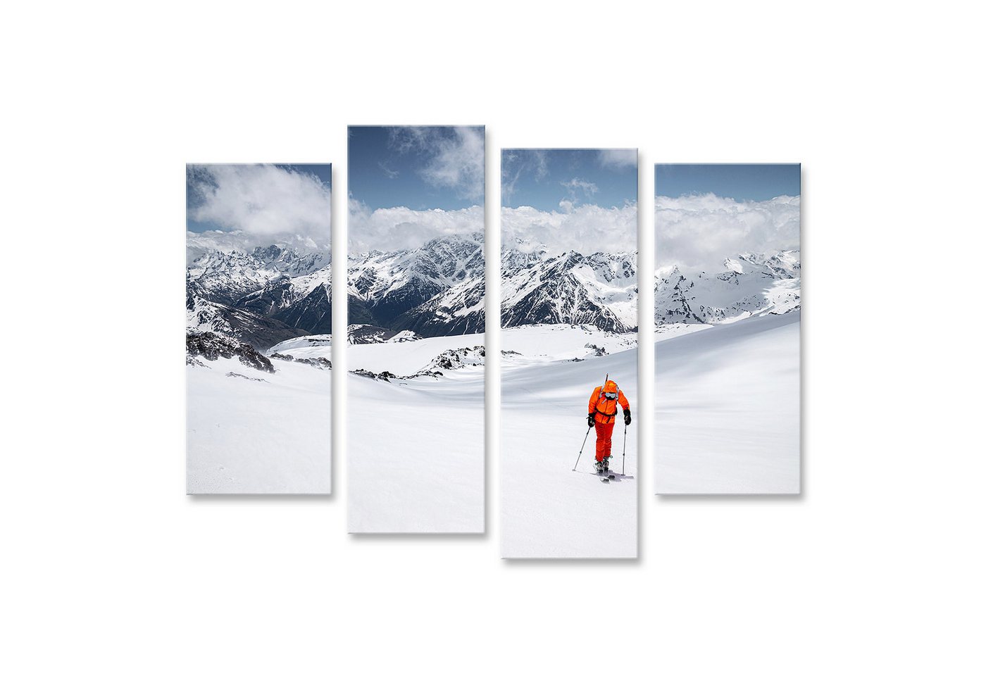 islandburner Leinwandbild Freerider im gelben Skianzug mit einem Rucksack auf den Schu Bilder islandburner Leinwandbild Freerider im gelben Skianzug mit einem Rucksack auf den Schu Bilder von islandburner